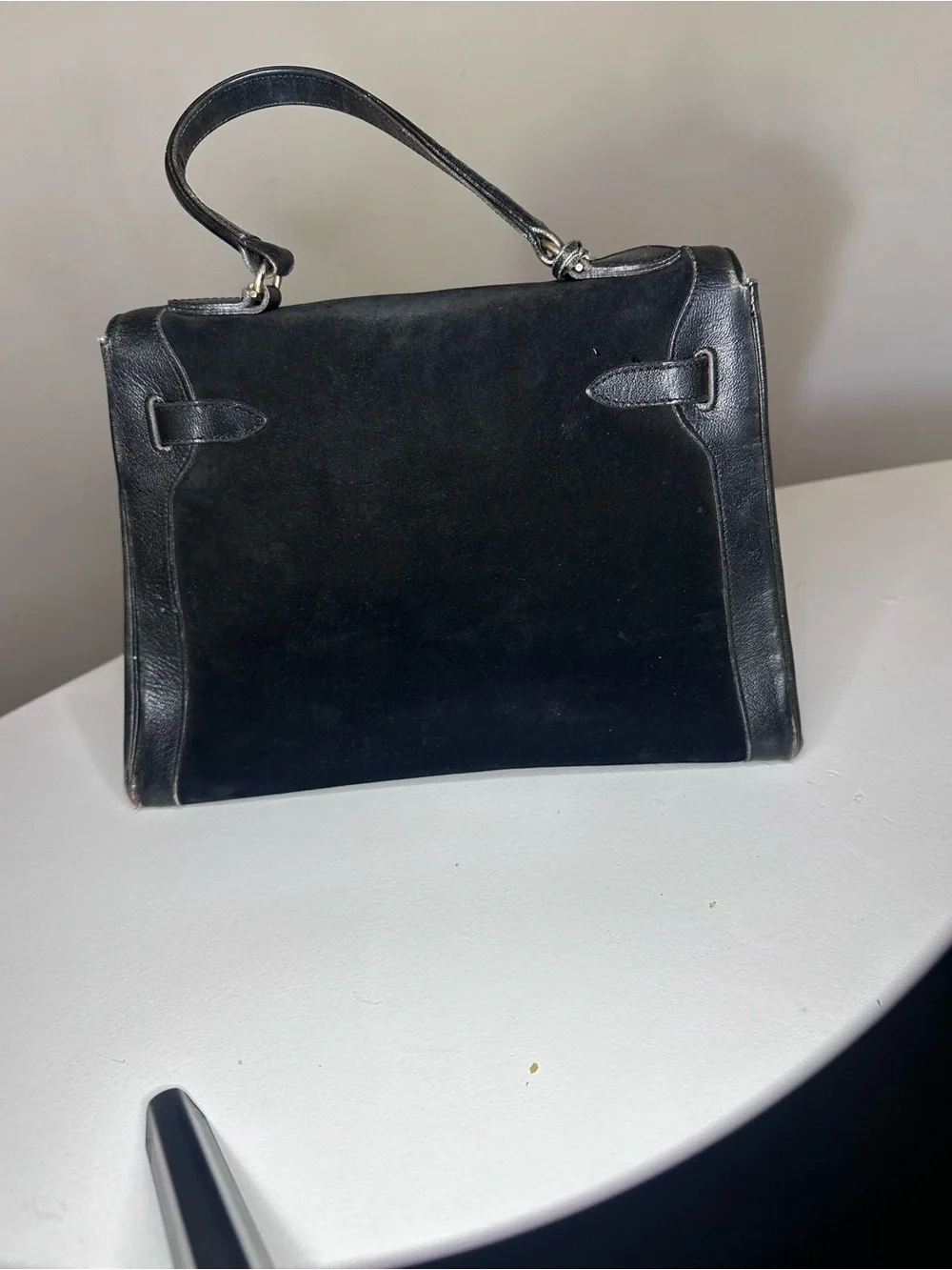 VTG Saks Fifth Avenue Paris Black Leather & Suede Kelly Bag Gold Hardware France